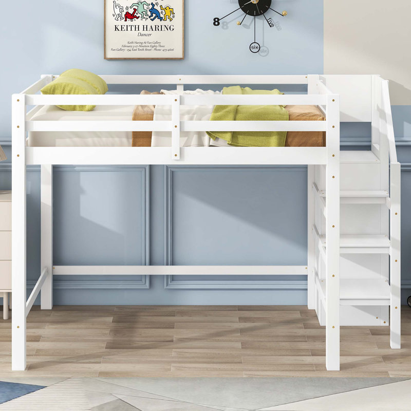 Jaelina Full Size Loft Bed with Built-in Storage Wardrobe and Staircase, White