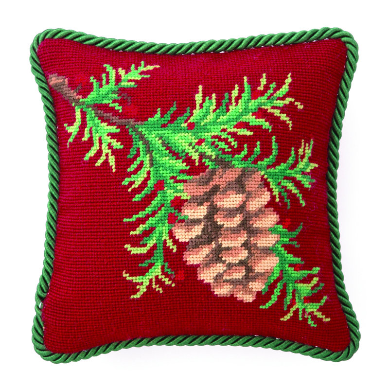 Balsam and PInecone Needlepoint Holiday Petite Size Throw Pillow - 10" Square