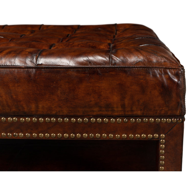 Vintage Square Leather Tufted Ottoman