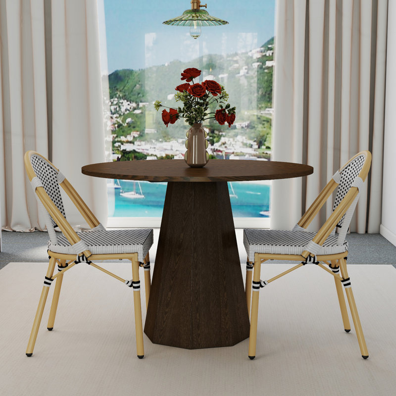 Altesa Round Dining Table Set, Mid Century Modern Small Round Dining Table Set, 3 Pieces: Table, 2 Chairs, Walnut/Black/White