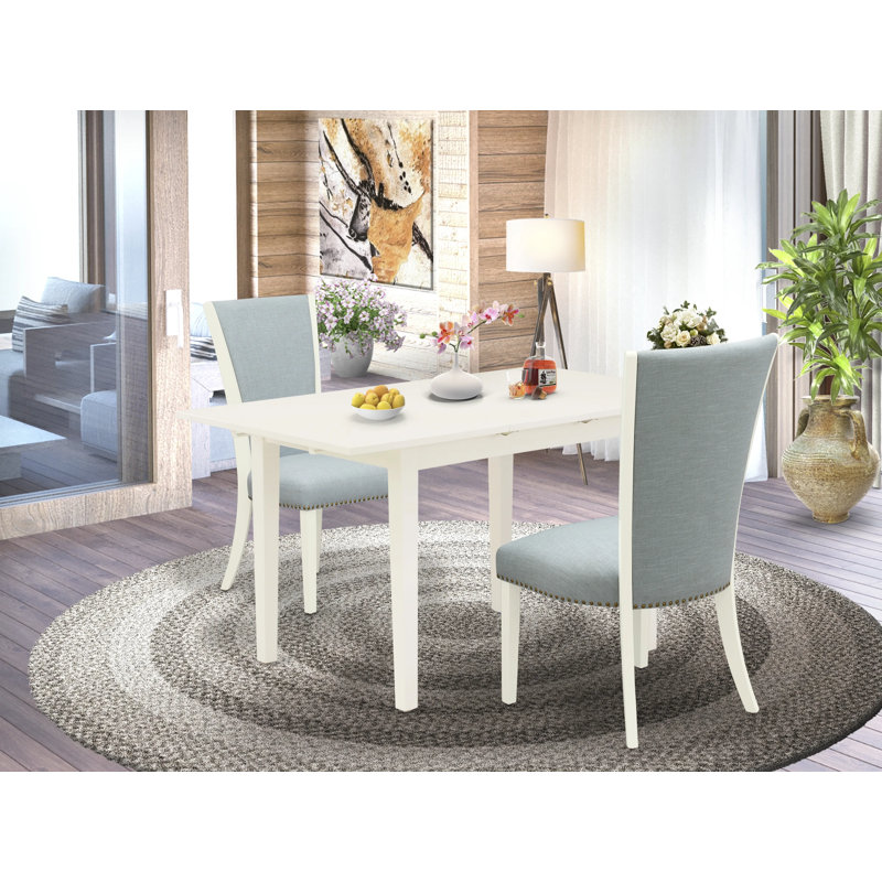 3 Piece Dining Room Table Set Contains a Rectangle Kitchen Table with Butterfly Leaf and 2 Baby Blue Linen Fabric Parson Chairs, Linen White