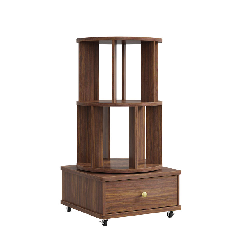 Bibliothèque pivotante à 360° avec tiroir de rangement et roulettes verrouillables, bibliothèque tournante autoportante en bois, meuble de rangement d'angle peu encombrant pour salon, bureau ou chambre.