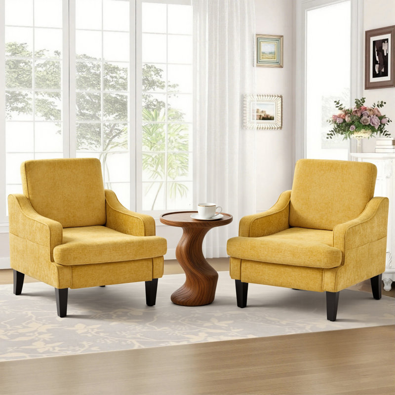 Plush Chenille Armchairs Set Of 2 – Modern Upholstered Accent Chairs With Cozy Fabric For Living Room, Yellow