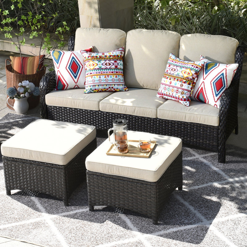 Harbin 72.83'' Wide Rectangle Wicker Patio Sofa with Cushions, Beige