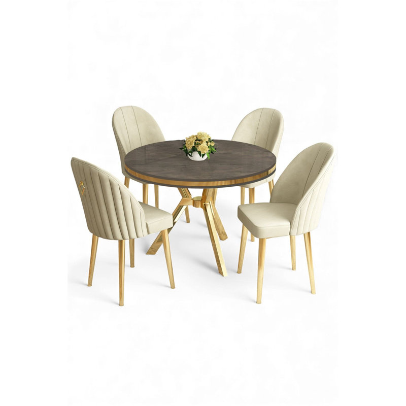 Ensemble de table et chaises de salle à manger (5 pièces), Anthracite, Cream, Gold