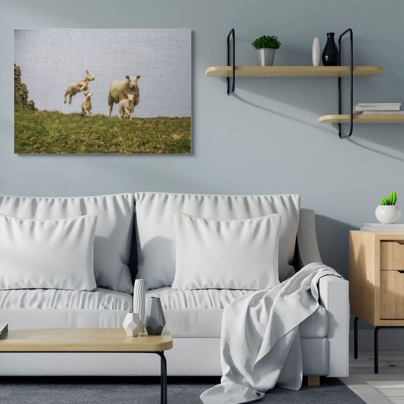 «Baby Sheep Family Farm Animal Landscape Photo», impression sur toile, H 36 po x l 48 po x P 1,5 po, Toile tendue