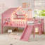Lit mezzanine simple pour enfants avec glissade, maisonnette à DEL Star & Moon, fenêtre, sans sommier, rose-704083661-704083662