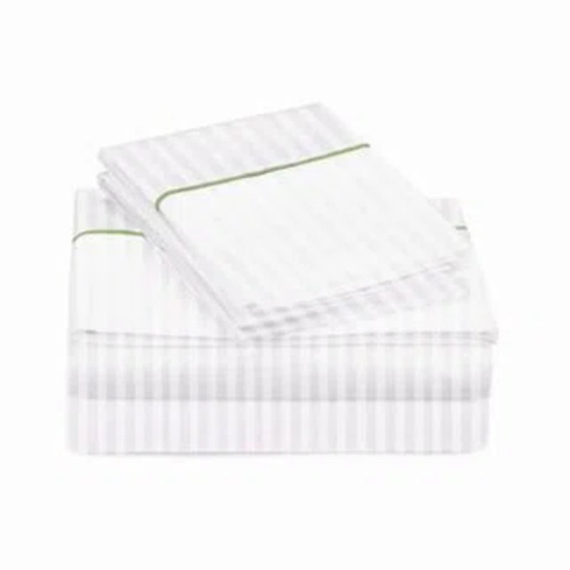400TC Single Embroidery Sateen Stripe Cotton 4 Piece Sheet Set Fitted Sheet Fits Upto 16" Deep Pocket, Sage Border