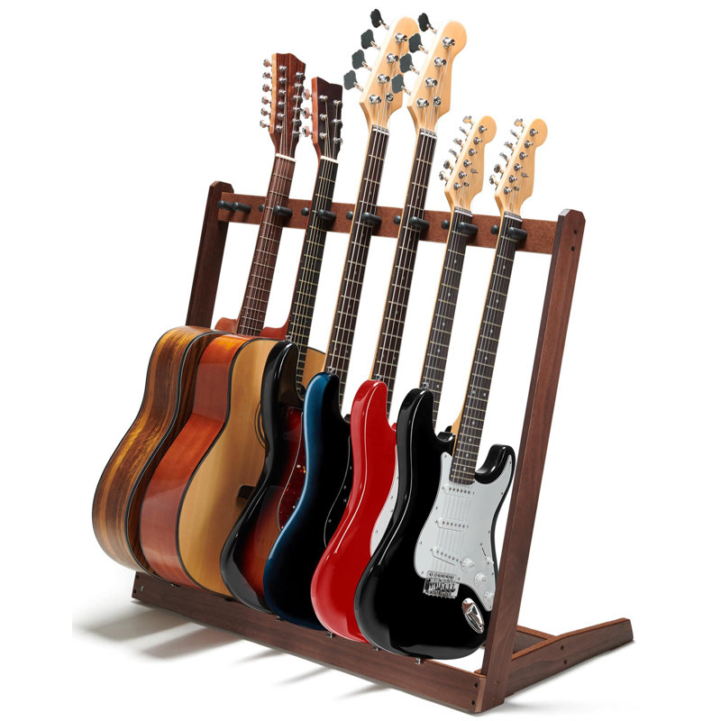 Guitar Stand, Black Walnut Wood Multi Guitar Rack For 5 Acoustic, 7 Electric Or 7 Bass, Hardwood Instrument Racks For Men, Wooden Floor Acoustic Stand For Home Decor, Studio Display