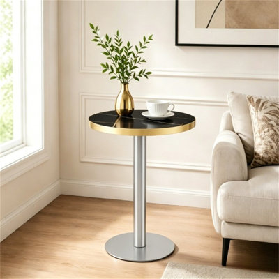 Panneau de fibres à densité moyenne rond de 23,6 po recouvert d'un comptoir de peinture UV, texture marbre, bordure en acier inoxydable, pieds de table en métal, table basse moderne et luxueuse.