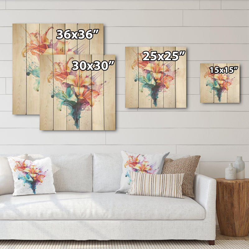 Aquarelle élégante lis pureté - lys, art mural sur bois de pin naturel, H 15 po x l 15 po