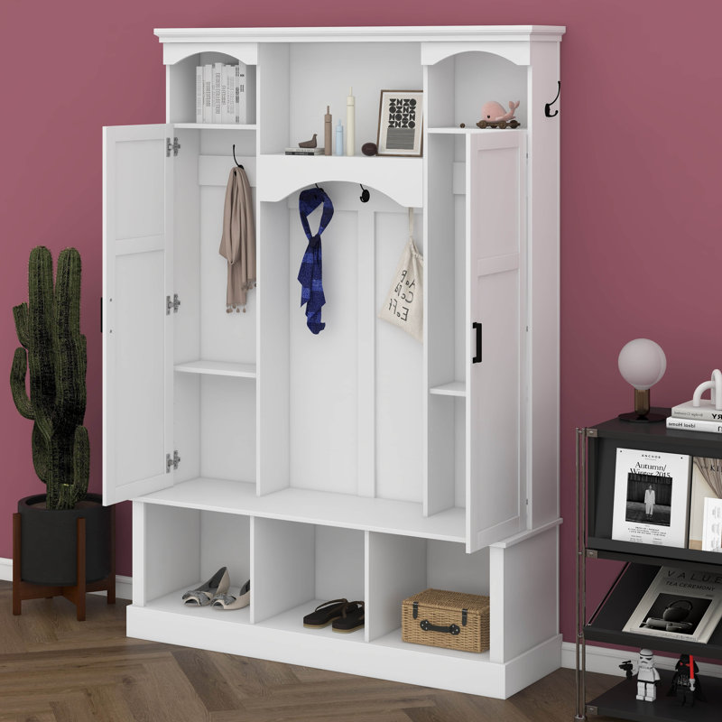 Arbre d'entrée avec banc et rangement pour chaussures, arbre d'entrée avec tablettes réglables, armoires, rangement pour hall d'entrée avec 7 crochets