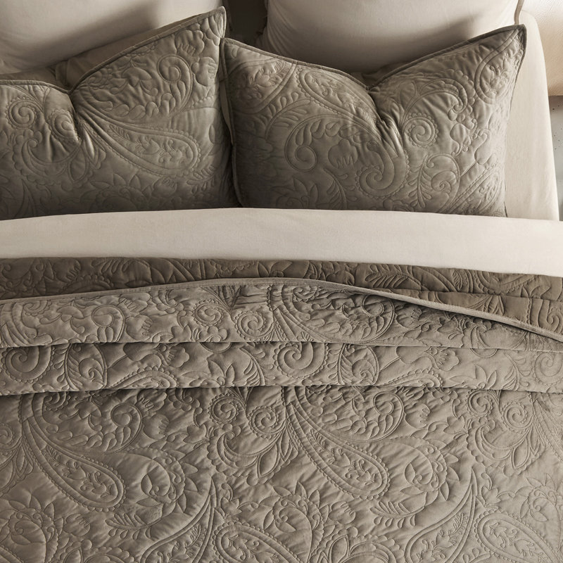 PearlVelvet Paisley Stitch Quilt set, Queen Quilt + 2 Standard Shams, Mocha Brown
