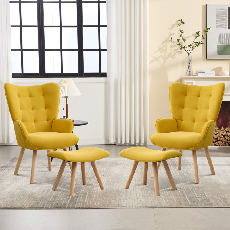 Boucle Accent Chair with Footstool, Upholstered Armchair Set with Wooden Legs, Cosy Reading Chair, Yellow