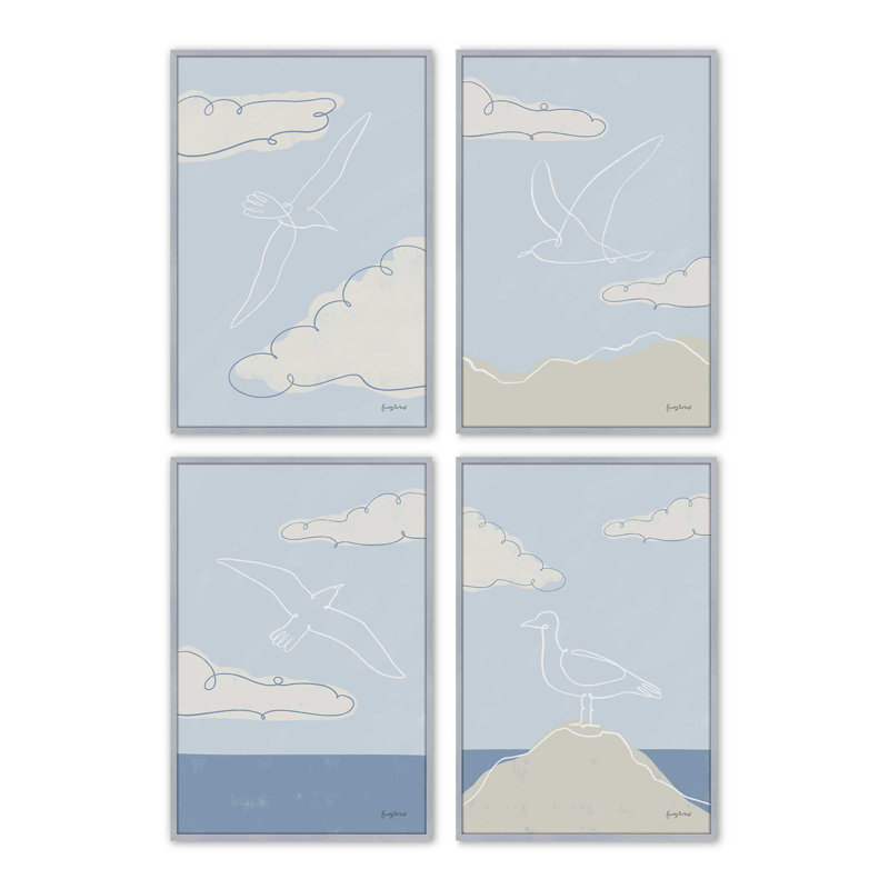 Ensemble de 4 impressions Chill Seagulls, Impression encadrée, Chrome poli, 30 po x 20 po