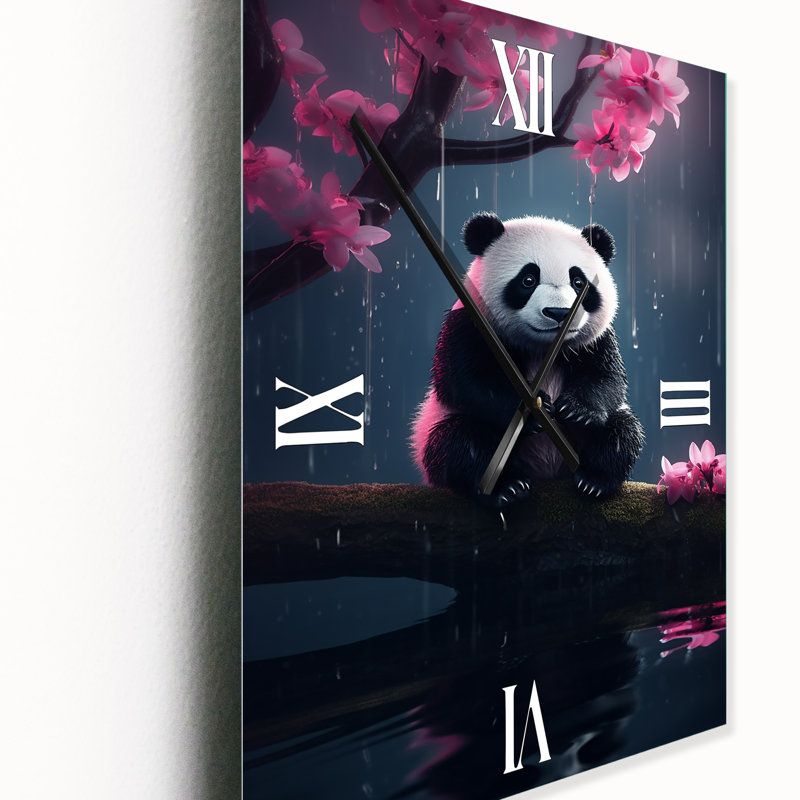 Panda mignon sur une branche avec des fleurs - Horloge murale animaux, Grand