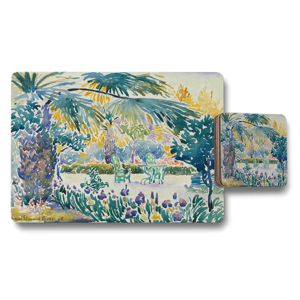 Impressionist Garden Placemats And Coaster Set With Palm Trees