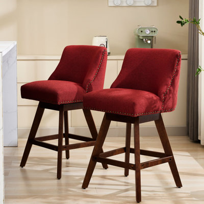 Siège pivotant à hauteur de siège de 26 po (de 2), revêtement rouge vin, 360 ° pour un repas agréable, rembourrage en mousse souple et à ressorts en acier, dossier incurvé, style américain, bois d'hévéa, sièges de salle à manger 2,