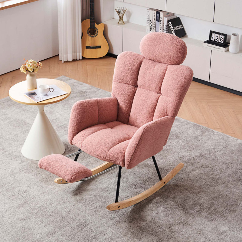 Fauteuil oscillant rembourré avec accoudoirs et dossier haut rembourré pour chambre à coucher, Rose
