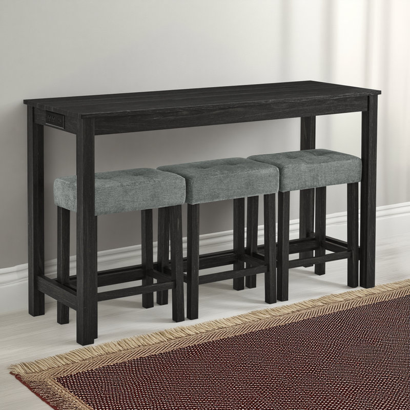 59 Inch Bar Table/ Dining Table/ Sofa Table With Power Outlet/ 3 Upholstered Stools/ 4 Piece Bar Table And Chair Set For Living Room/ Dining Room/ Kitchen