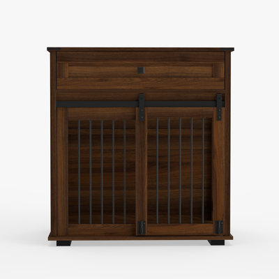 Table de bout pour chenil en bois d'ingénierie en bois d'ingénierie avec porte de grange coulissante en métal et tiroir de rangement pour animaux de compagnie