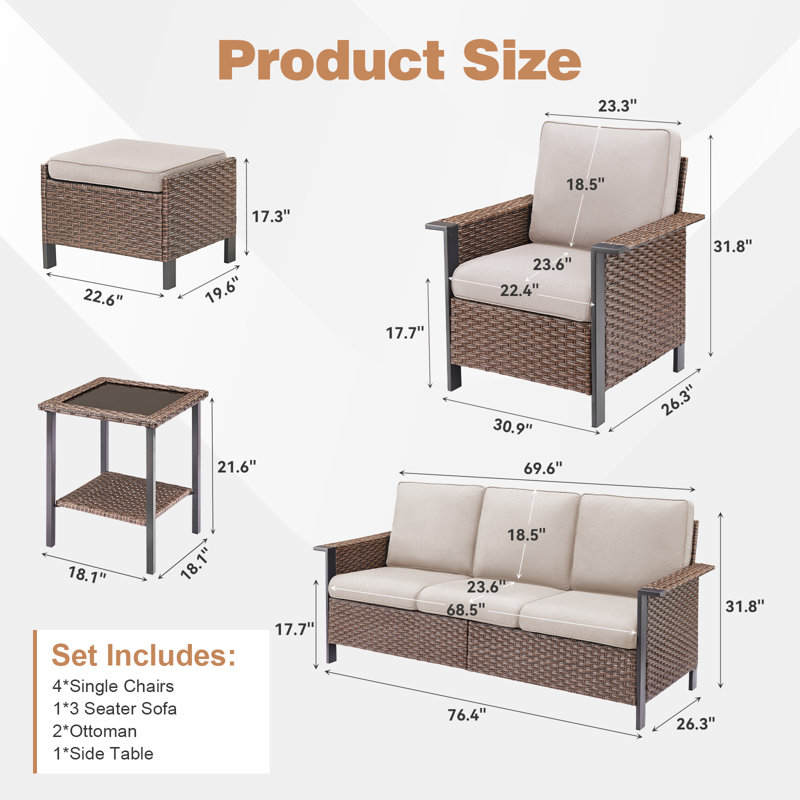Ensemble de conversation d'extérieur en osier pour 7 à 9 personnes avec 4 fauteuils Coady, Beige, Brun
