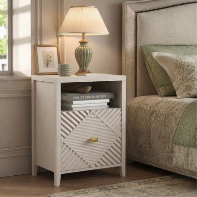 Beige 19-Inch Nightstand with Charging Station, USB Port and Storage Shelf for Bedroom and Living Room