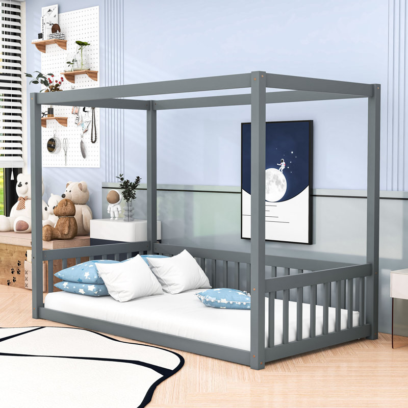 Wooden Canopy Floor Bed With Fence, Gray, Twin
