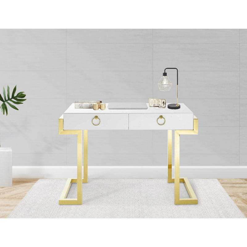 Energetic Gold and White Medium Computer Desk with Drawers