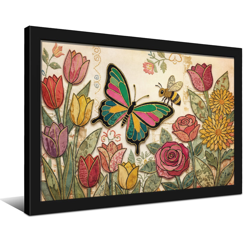 Imprimé animal à motif de papillon, abeille et tulipe rose, H 24 po x l 36 po, Toile tendue, Ne s’applique pas