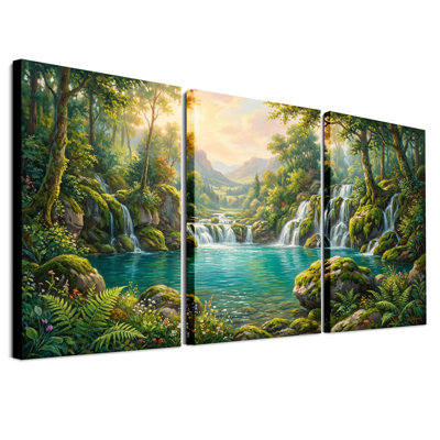 Ensemble de 3 toiles murales représentant des cascades et une rivière turquoise en forêt