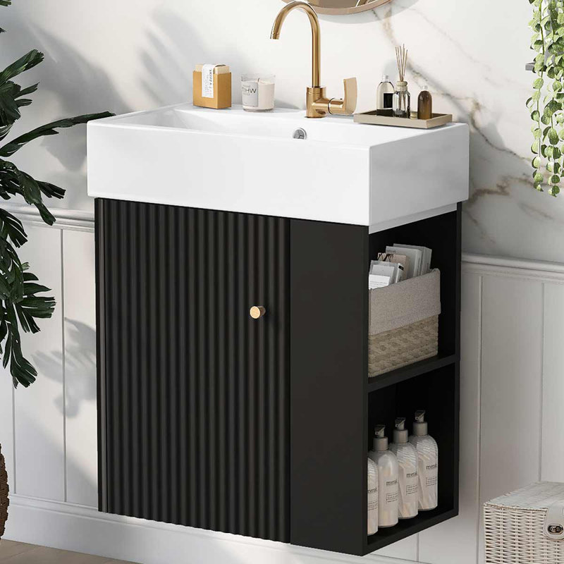 Meuble-lavabo flottant de 21,6 po avec lavabo en céramique pour petites salles de bain, rangement latéral, Noir