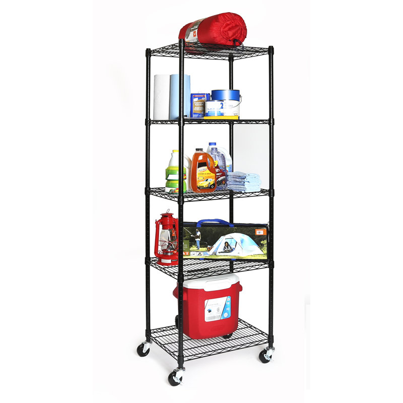 Black Adjustable 5-Tier Steel Wire Shelving Unit with Wheels