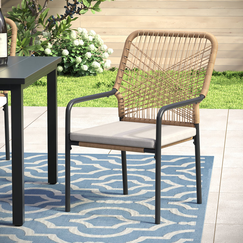 Rectangular Patio Dining Set With Cushioned Stackable Rattan Chairs, Brush Wood Brown