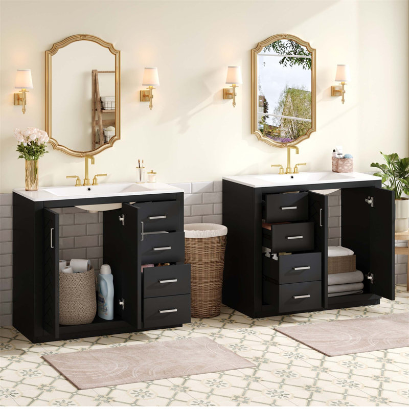 Ensemble de meuble-lavabo autoportant avec lavabo en céramique, structure en bois massif, tiroirs et portes à fermeture douce pour un rangement spacieux