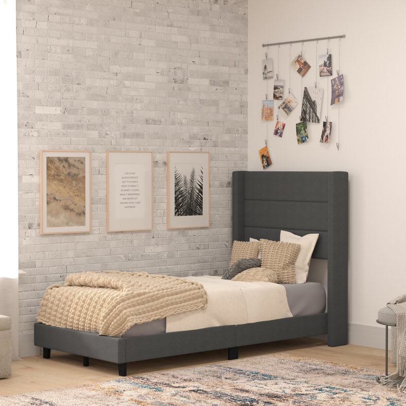 Upholstered Platform Bed with Wingback Headboard, Mattress Foundation with Slatted Supports, Twin, Charcoal