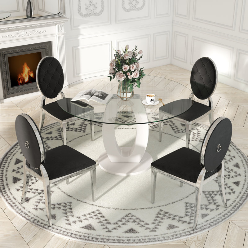 Modern Round Tempered Glass Pedestal Dining Set with Velvet Tufted Dininig Chair, White, Black/Silver