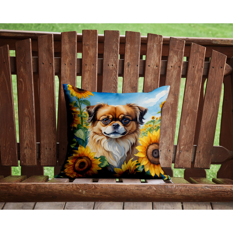 Coussin décoratif épagneul tibétain en tournesols, H 14 po x l 14 po