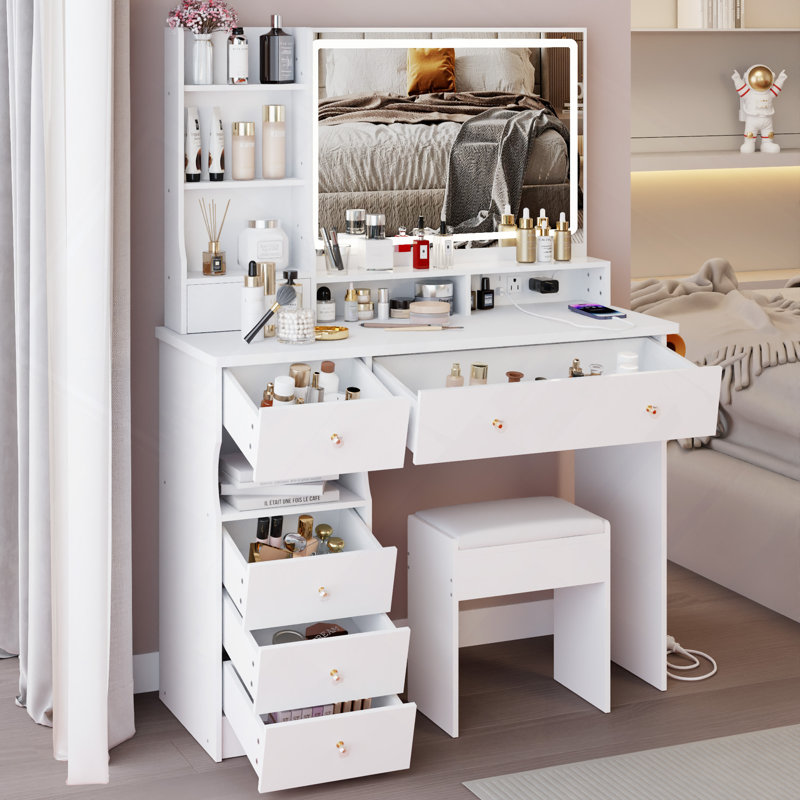 41" Left Drawer Desktop Vanity Table With Cushioned Stool Dresser Set, 2 AC With 2 USB Power Station, Hair Dryer Stand, Touch Control LED Mirror, 3-Color Switch, EPA, GCC, UL Certificate