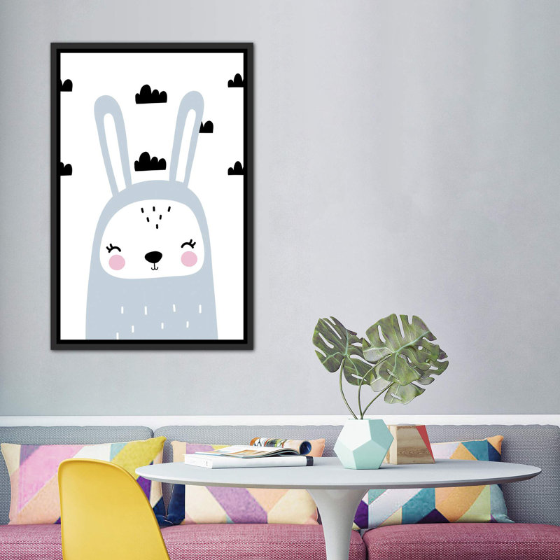 «Bunny Blue with Clouds Scandi», reproduction d'impression, H 60 po x l 40po x P 1,5 po, Toile avec cadre noir, Pas de tapis