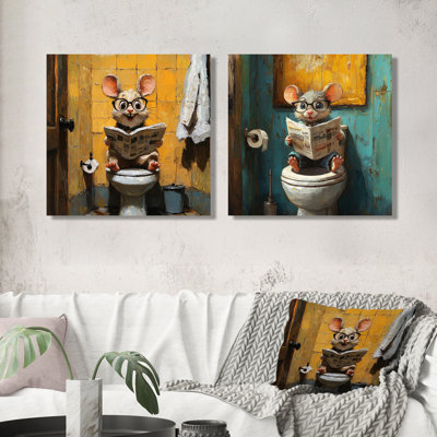 A Cute Mouse Sitting At The Toilet I - Toilet Wall Decor - Traditional Wall Art 2 Piece