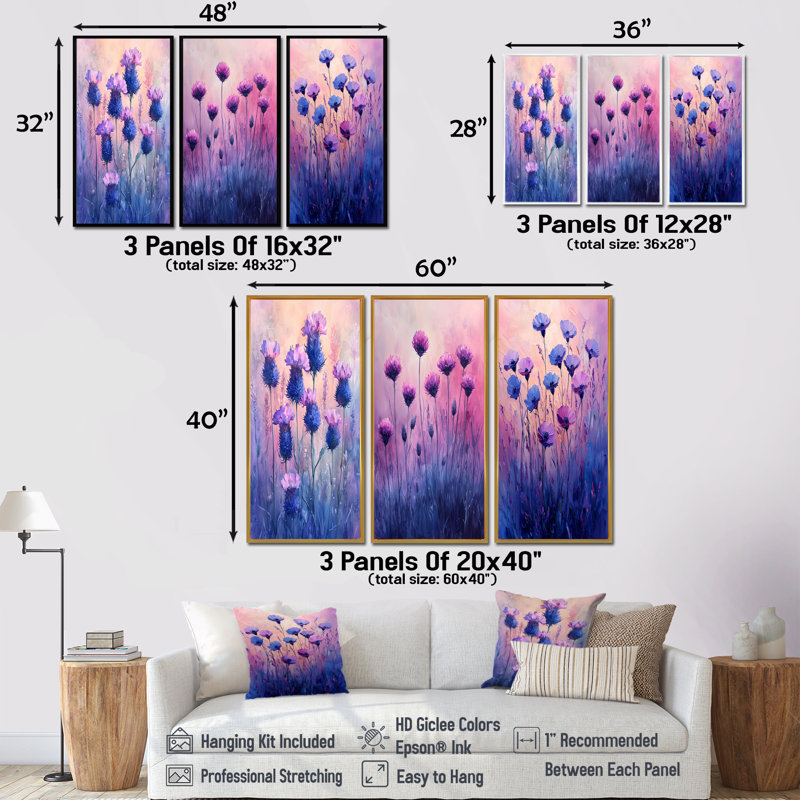 Rêve de champs de bleuet en mauve I - Collection d'art mural Cornflowers, H 32 po x l 48 po, Impression encadrée flottante