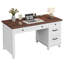 Bureau de direction de style ferme avec prises électriques et ports USB – Bureau d'ordinateur en bois de 136 cm – Tiroir à dossiers, rangement, bureau pour la maison – Brun et blanc