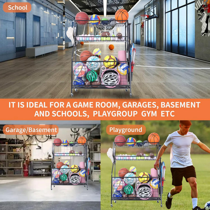 Garage Sports Equipment Organizer,Ball Storage Rack,Garage Organizer with Baskets and Hooks, Sports Gear Storage,Garage Ball Storage, Black