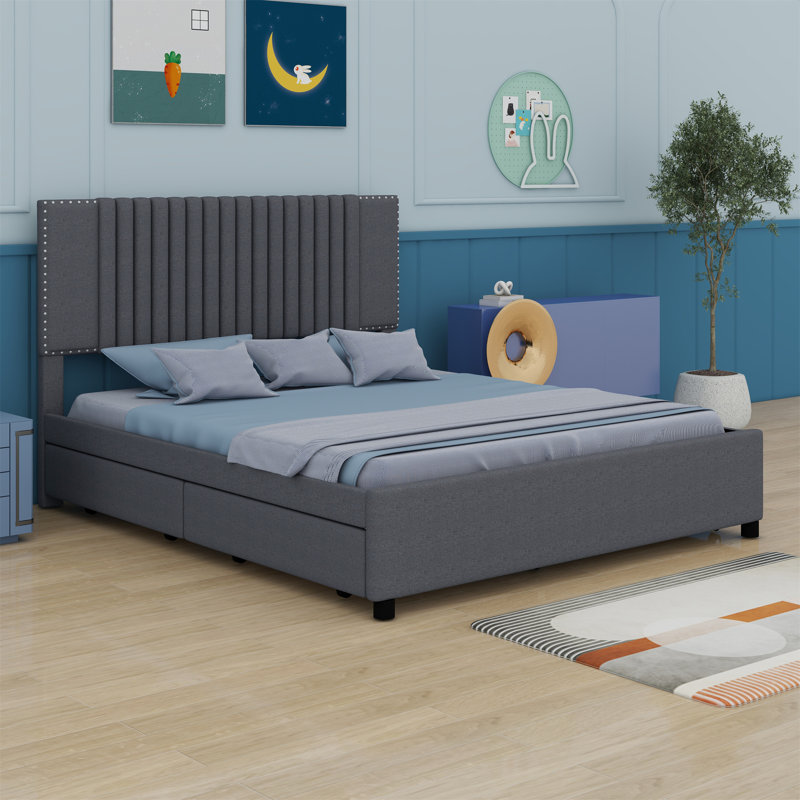 Upholstered Platform Bed with 2 Drawers and 1 Trundle, Classic Headboard Design, Full/Double, Gray