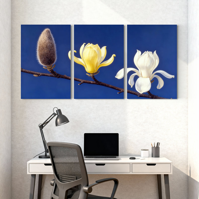 Magnolia «Magnolia Blossom Stages», ensemble de 3 impressions sur toile, fond bleu, H 18 po x l 36 po