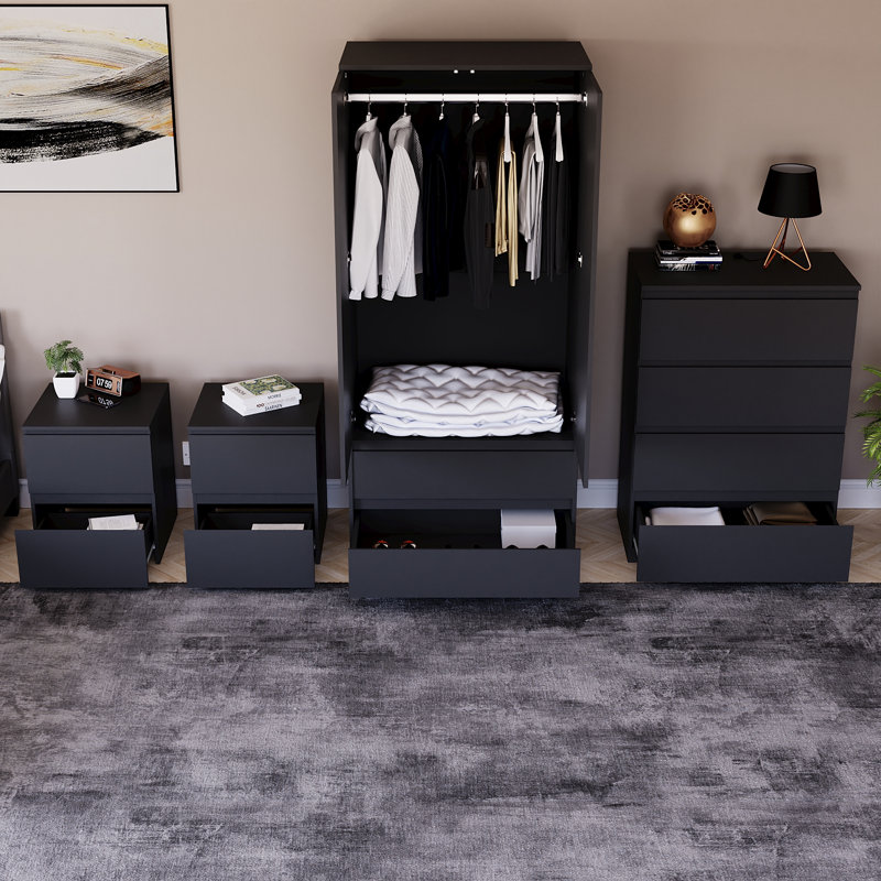 Tanino 4 Piece Bedroom Set (2 Drawer Large Bedside Chest X2, 4 Drawer Chest, 2 Door 2 Drawer Wardrobe), Black