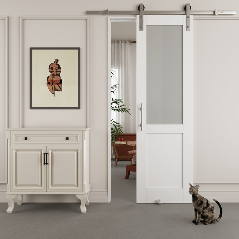 24" x 80" White Frosted Glass MDF Sliding Barn Door with Nickel Hardware