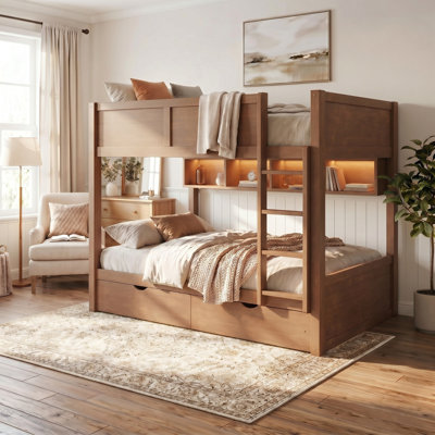 Full XL Over Full XL Bunk Bed Kids Bed With Storage Shelves, LED Light And 2 Drawers, Pine Wood+MDF Bed Frame, No Need Spring Box