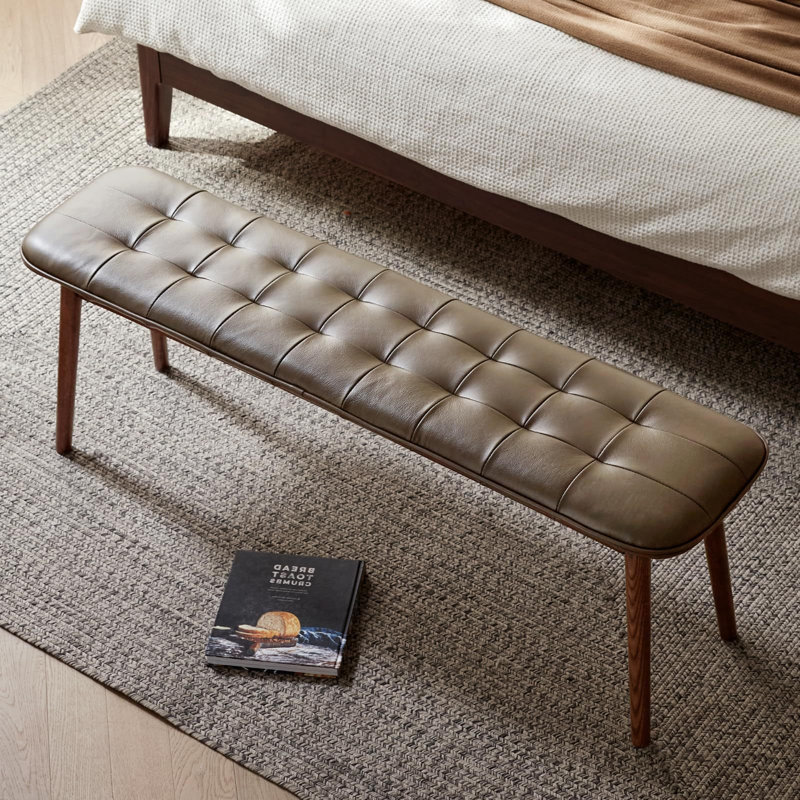 (Blanc cassé) Banc de table en bois de chêne naturel pour salle à manger avec coussin en cuir, Blanc